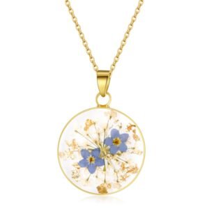 Collier de fleurs pressées en dentelle Myosotis et Queen Anne | Collier de fleurs pressées en or | Colliers personnalisés faits à la main pour femmes | Bijoux Myosotis | collier femme | 45 CM