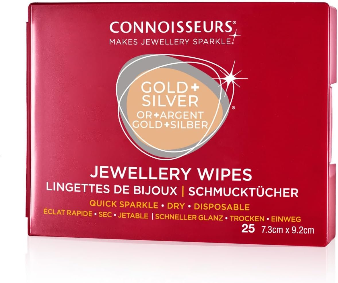 Connoisseurs Lingettes Nettoyantes pour Bijoux - Chiffon Polish pour Argent Or Argenterie - Pour Brillance - 25 Lingettes Sèches non Toxiques