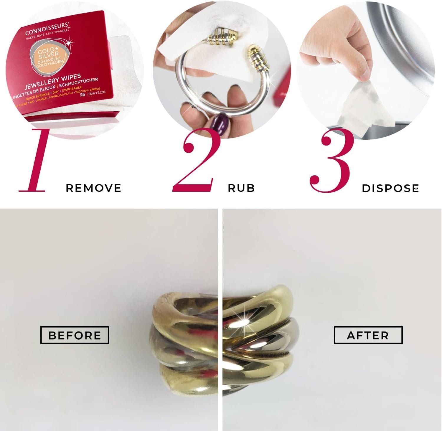 Connoisseurs Lingettes Nettoyantes pour Bijoux - Chiffon Polish pour Argent Or Argenterie - Pour Brillance - 25 Lingettes Sèches non Toxiques – Image 6