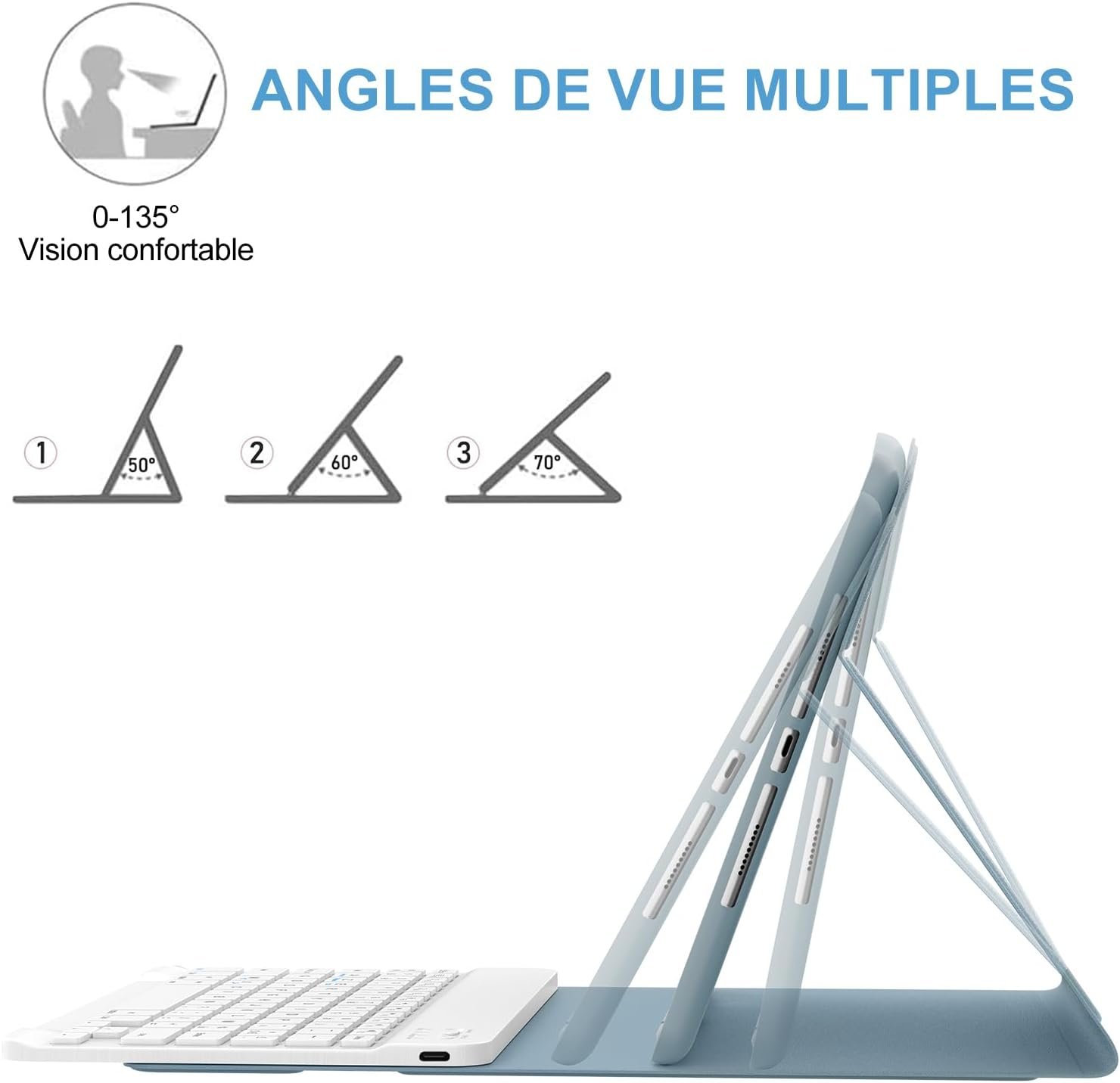 Coque Clavier pour iPad 6/5 EME Generation/Pro 9.7/Air 2/Air 1 9.7", Étui Keyboard AZERTY Français Layout sans Fil Bluetooth Amovible avec Porte Crayon pour iPad 9.7 2018, Bleu Gris – Image 5