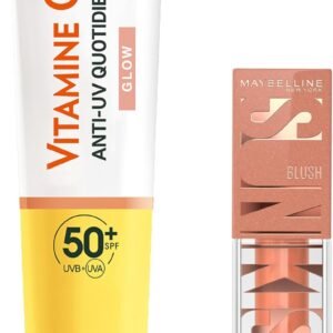 Routine Glow – Garnier x Maybelline New York - Fluide Anti-Taches et Anti-UV Quotidien SPF 50+ & Blush Liquide Illuminateur Multi-Usage Sunkisser Teinte Blazing Blush