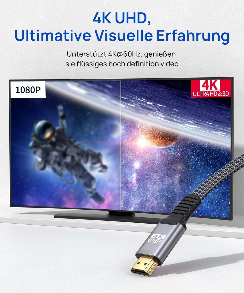 JSAUX Câble HDMI 4K 3meter, Fil Plat Câble HDMI 2.0 Nylon tressé Support 4K@60Hz 3D HDR UHD 2160p 1080p Ethernet ARC - Cordon HDMI pour Lecteur Blu-Ray/ PS3/ PS4/ Netfix/Fire TV/Ecran - Gris – Image 3
