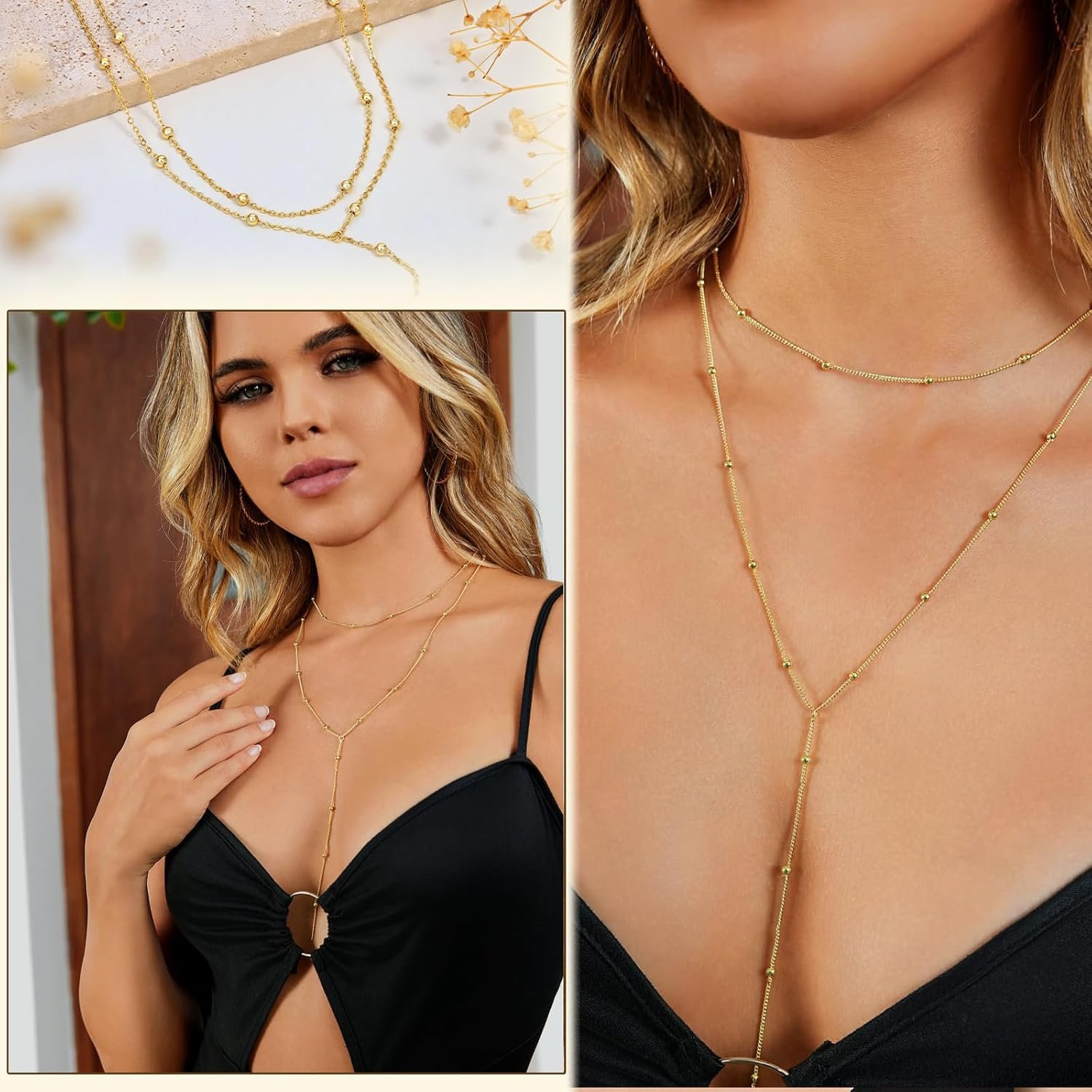 Auiremrti Chaîne longue en Y pour femmes-Collier multi-rangs en acier inoxydable en or/argent,Bijoux pour femmes,Chaîne longue élégante pour femmes,Ensemble de chaînes,Bijoux simples en or/argent – Image 4