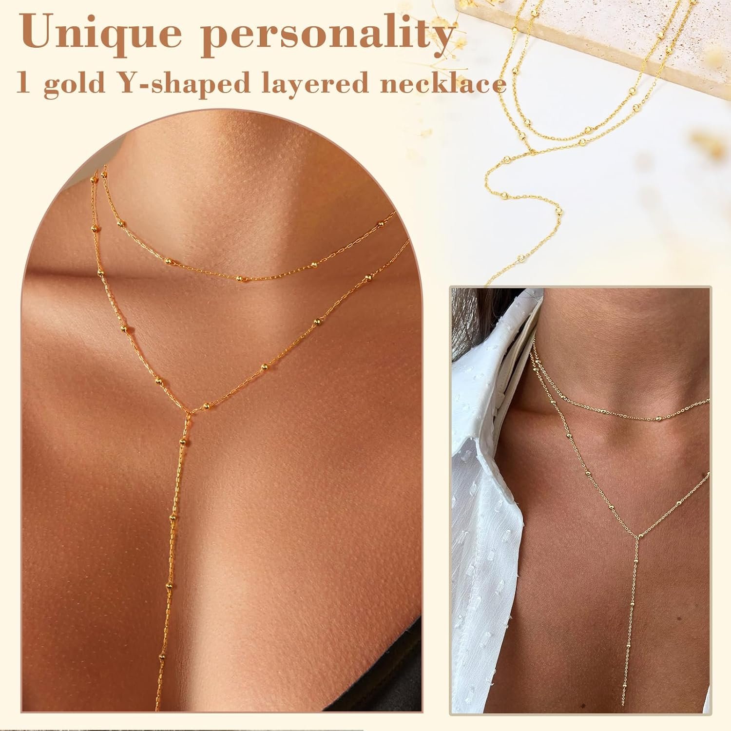 Auiremrti Chaîne longue en Y pour femmes-Collier multi-rangs en acier inoxydable en or/argent,Bijoux pour femmes,Chaîne longue élégante pour femmes,Ensemble de chaînes,Bijoux simples en or/argent – Image 5