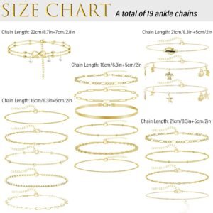 Alternative view of JSTHHTT 19 Pcs Bracelet Pied Femme Or Chaîne de Cheville Femme Bracelet de Cheville Grande Taille Idéal Or Tendance Délicats Empilable Ajustable Corde Chaîne Perlée Pied Bijoux de Plage, (or)