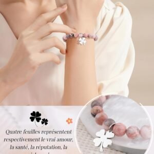 Alternative view of CheersLife Cadeau Femme - Cadeau Fille 7 8 9 10 11 12 ans,Cadeaux Anniversaire Femme, Cadeaux Noel Fille, Bracelet Pierre Naturelle Trèfle Cheval pour Maman Sœur Amie Collègues (Rose/Blanc)
