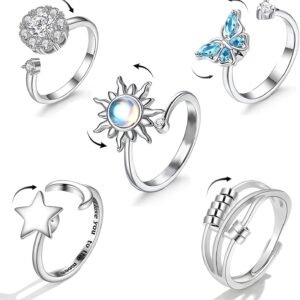 Hifot 5pcs Bague Anti Stress Femme Argent, Fidget Bague Anxiété Rotative, Bague Ouverts Reglables, Spinner Anneaux Anti Stress Ensemble pour Relaxation Femme Homme Papillon Bague Lune Soleil Cristal
