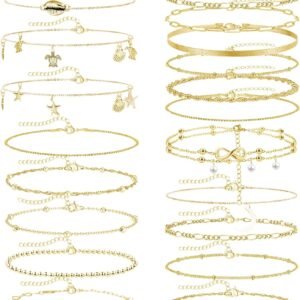 JSTHHTT 19 Pcs Bracelet Pied Femme Or Chaîne de Cheville Femme Bracelet de Cheville Grande Taille Idéal Or Tendance Délicats Empilable Ajustable Corde Chaîne Perlée Pied Bijoux de Plage, (or)