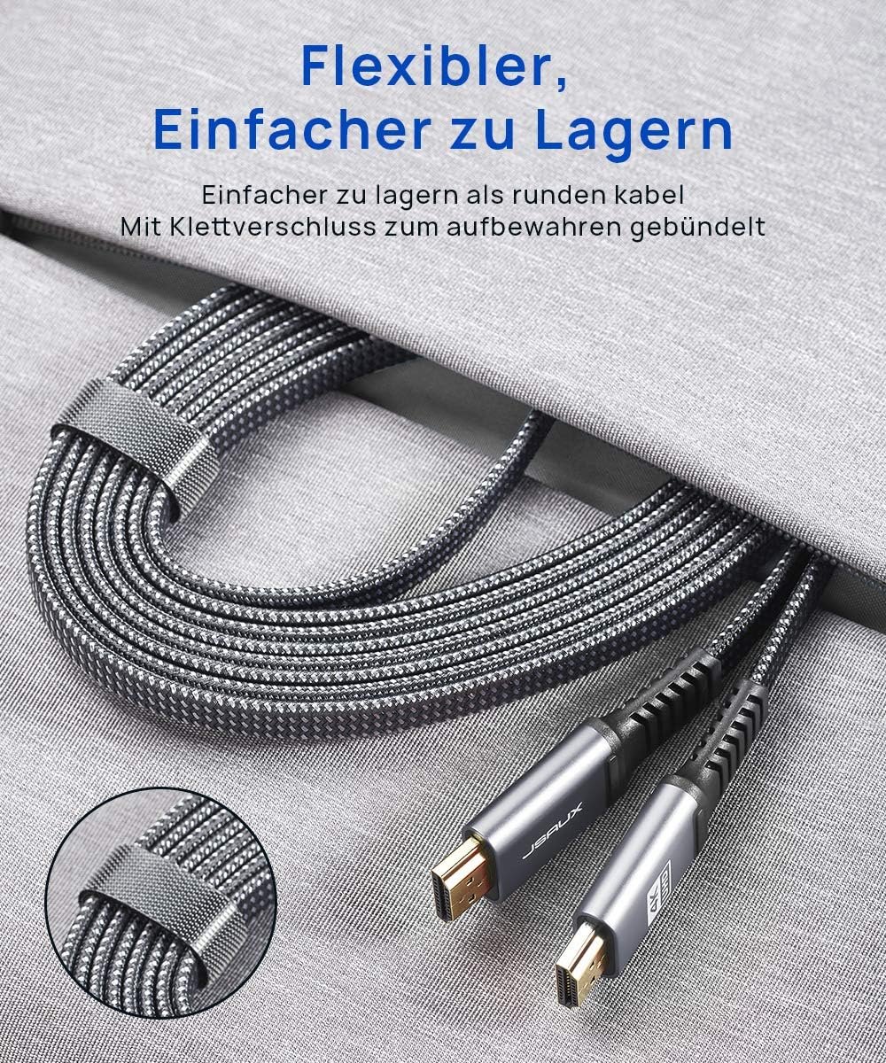 JSAUX Câble HDMI 4K 3meter, Fil Plat Câble HDMI 2.0 Nylon tressé Support 4K@60Hz 3D HDR UHD 2160p 1080p Ethernet ARC - Cordon HDMI pour Lecteur Blu-Ray/ PS3/ PS4/ Netfix/Fire TV/Ecran - Gris – Image 6