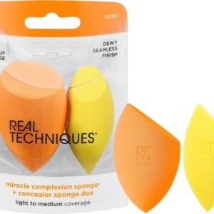 Real Techniques Miracle Houppette à poudre 2 en 1, double face, bande élastique réversible, éponge de maquillage de précision et houppette à poudre, pour produits liquides, crèmes et poudres
