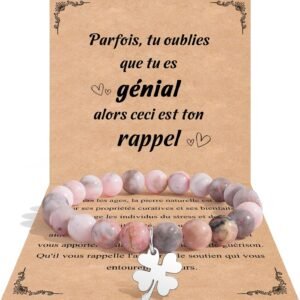 CheersLife Cadeau Femme - Cadeau Fille 7 8 9 10 11 12 ans,Cadeaux Anniversaire Femme, Cadeaux Noel Fille, Bracelet Pierre Naturelle Trèfle Cheval pour Maman Sœur Amie Collègues (Rose/Blanc)