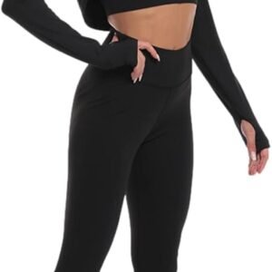 Femme 3 Pièces Ensemble de Survêtement de Yoga Extensible – Soutien-Gorge Camisole Sexy Croisé + Haut Court à Capuche + Leggings - Vêtements de Sport Gym Fitness Entraînement