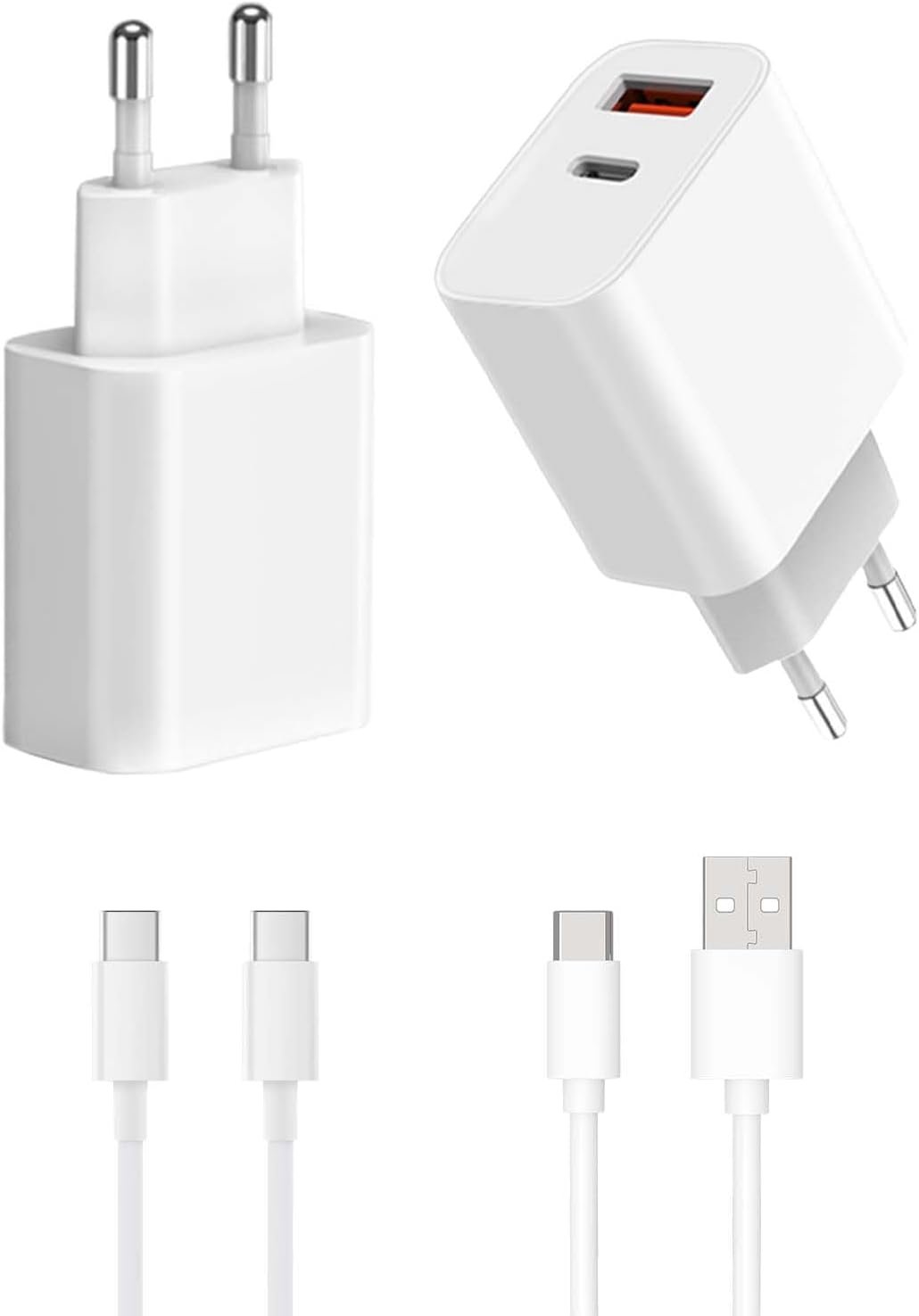 Kit 4 Pièces Chargeur 20W Double Ports USB-C/USB-A avec 2 Câbles 2m C-C et A-C pour iPhone 16/15/14/13, iPad, Samsung Galaxy – Chargeur Rapide, Compatible Multi-Appareils