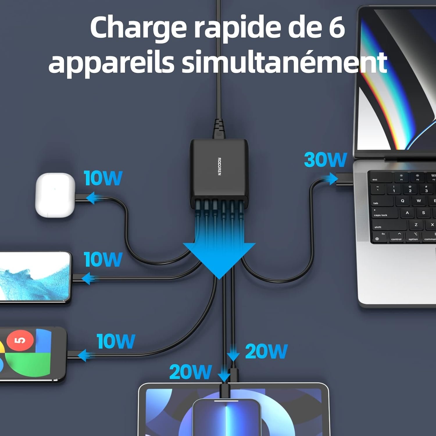 Rocoren Chargeur USB C Multiple, 100W Total Chargeur USB C, PD3.0 QC4.0 PPS 6 Ports Charge Rapide Indépendante, Compatible avec MacBook Air iPad iPhone15/14/13/12 Samsung S24/S23 Huawei Pixel (Noir) – Image 2