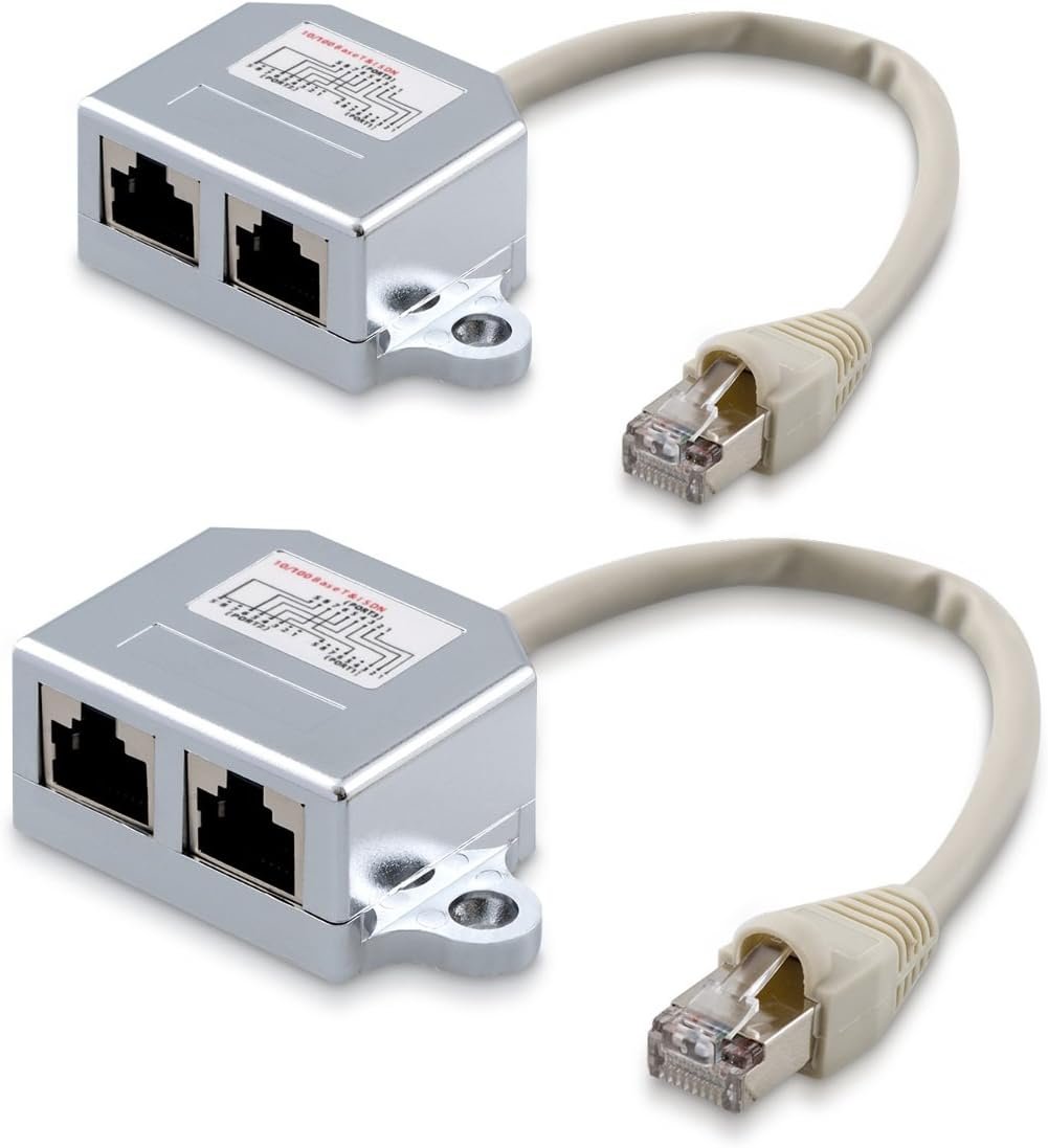 kwmobile 2X Dédoubleur câble réseau - Répartiteur Cat. 5e RJ45 fiche Alimentation Ethernet - Distributeur T vers 1x RJ45 réseau LAN et 1x ISDN