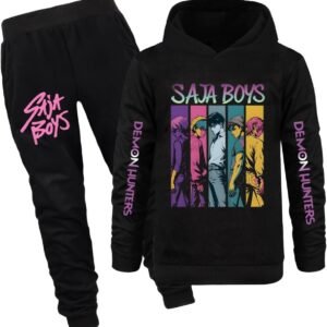 Ensemble de survêtement de sport unisexe pour enfant, motif animé, Saja, Boys, lettres imprimées, sweat à capuche et pantalon de jogging