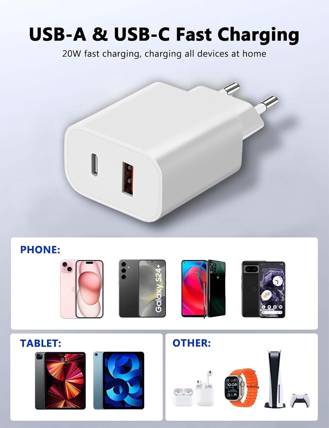 Kit 4 Pièces Chargeur 20W Double Ports USB-C/USB-A avec 2 Câbles 2m C-C et A-C pour iPhone 16/15/14/13, iPad, Samsung Galaxy – Chargeur Rapide, Compatible Multi-Appareils – Image 3