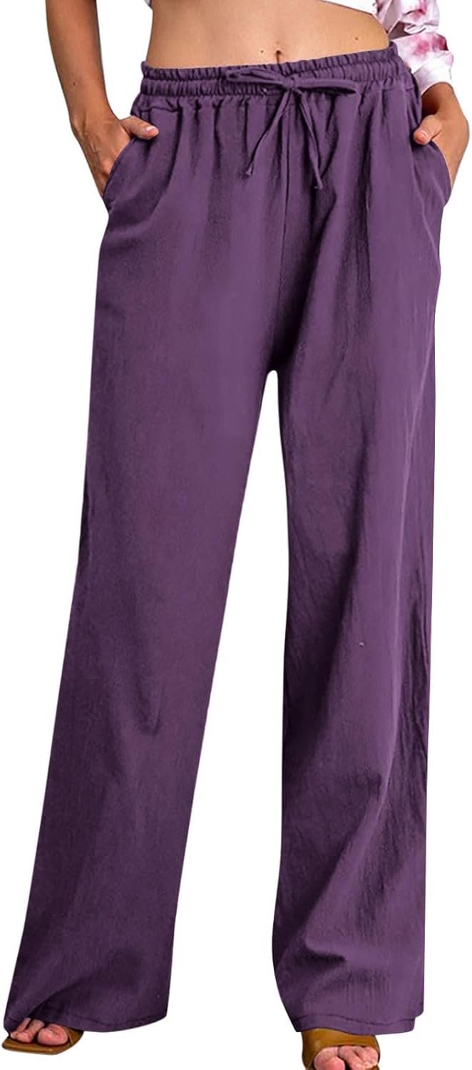 Pantalon Fluide Femme Été Coton Lin Pantalon Chic Et Elegant De Travail Pantalons Lin Ample Yoga Et Pilates Pantalons Taille Haute À Poches Avec Cordon De Serrage Vetement Femme Ete Soldes