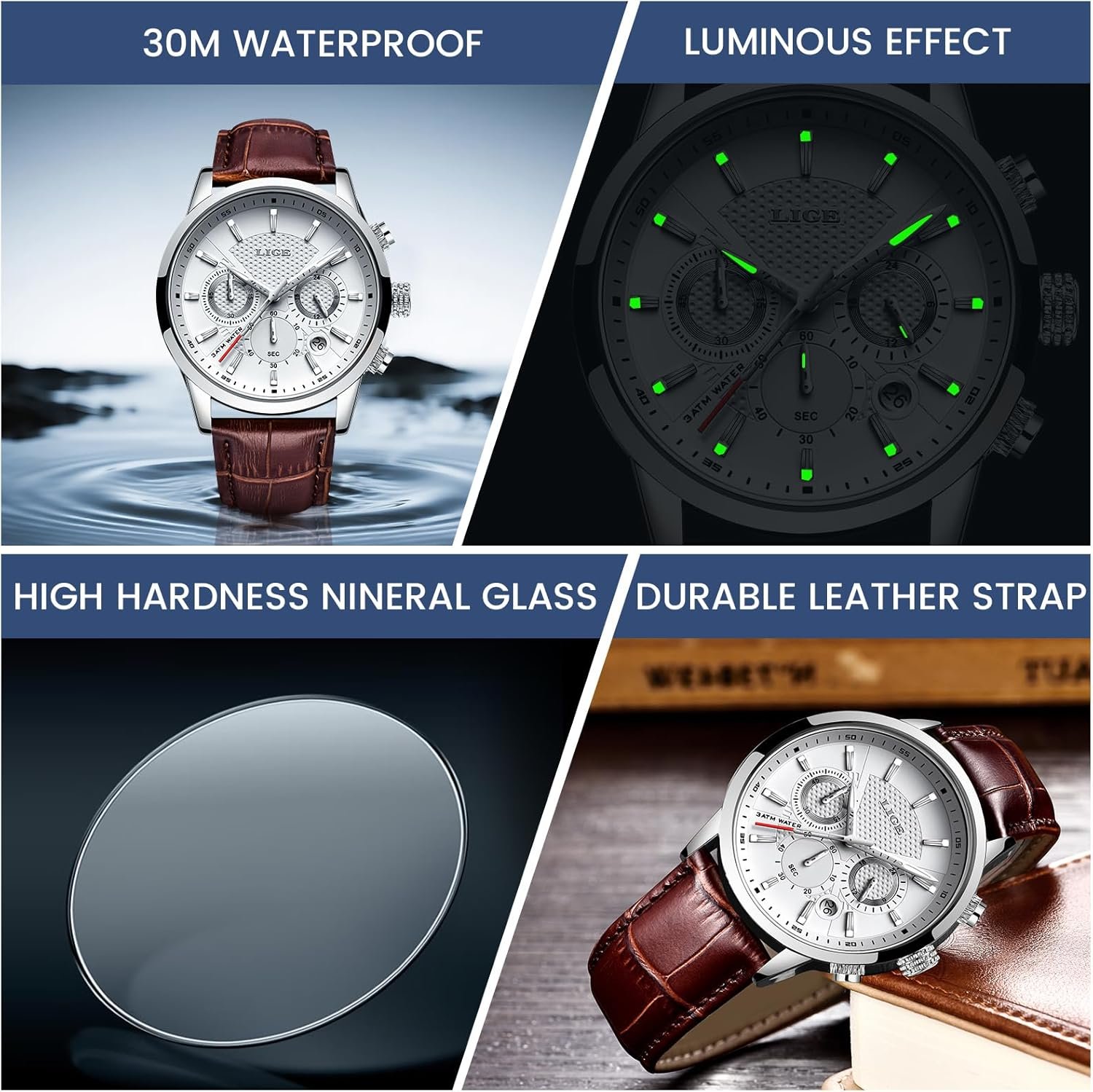 LIGE Montres Hommes Mode Étanch Acier Inoxydable Analogique Quartz Sport Chronographe Blanc Cadran Classique Cuir Bracelet Montres… – Image 5