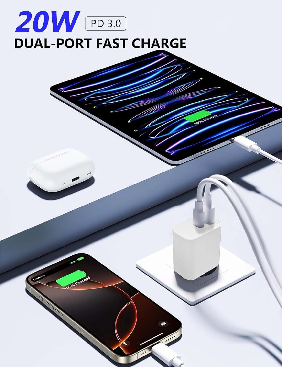 Kit 4 Pièces Chargeur 20W Double Ports USB-C/USB-A avec 2 Câbles 2m C-C et A-C pour iPhone 16/15/14/13, iPad, Samsung Galaxy – Chargeur Rapide, Compatible Multi-Appareils – Image 2