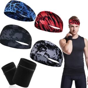 6 Pièces Bandeau Anti Transpiration, Bandeau Sport Homme Respirant Serre Tete Homme Large, Headband Course à Pied, Bandana Cheveux Élastique pour Fitness Cyclisme Randonnée Yoga