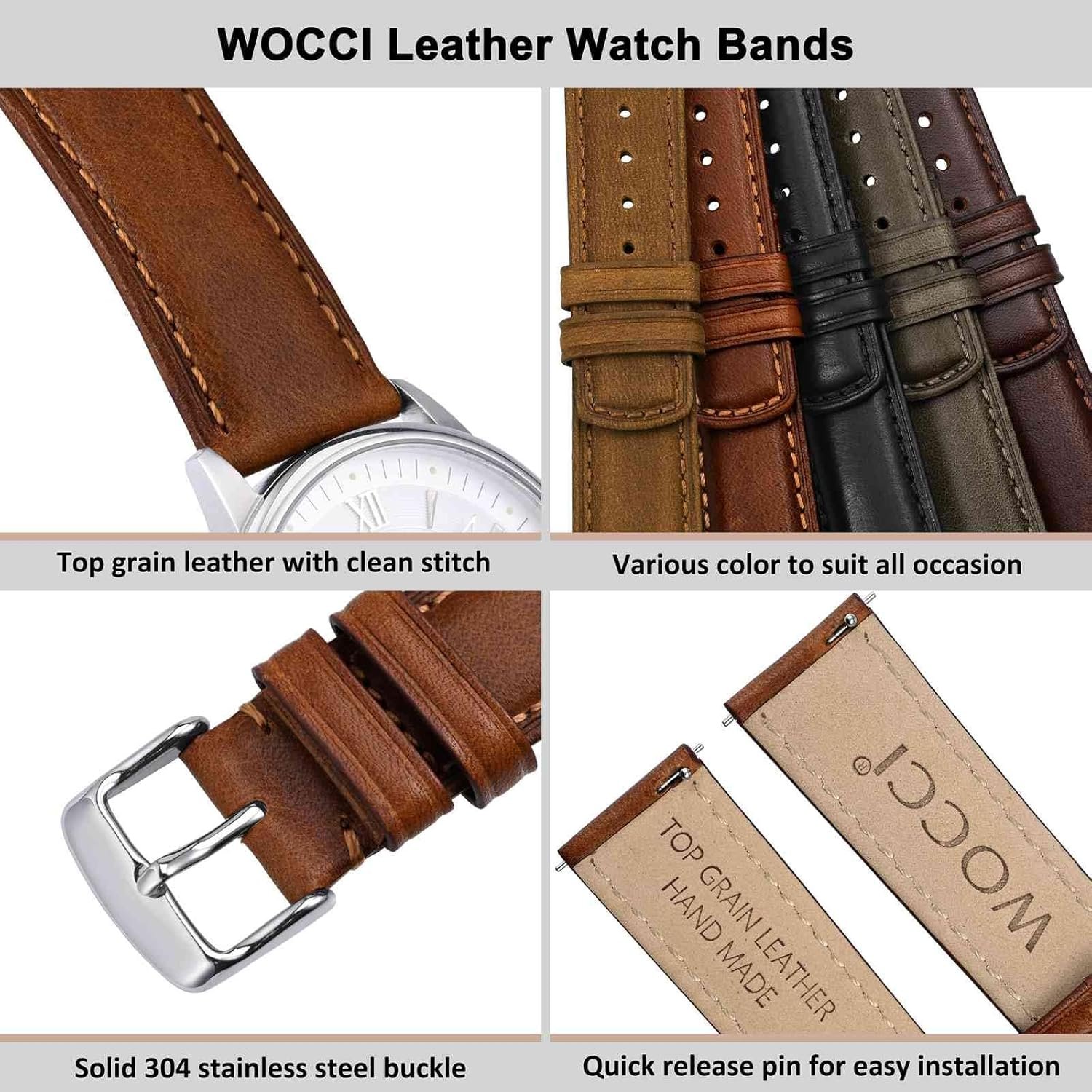 WOCCI Bracelet de Montre à Dégagement Rapide, Cuir Véritable en Détresse, Boucle en Acier Inoxydable, Largeur de Bande 18mm 19mm 20mm 22mm 24mm – Image 4