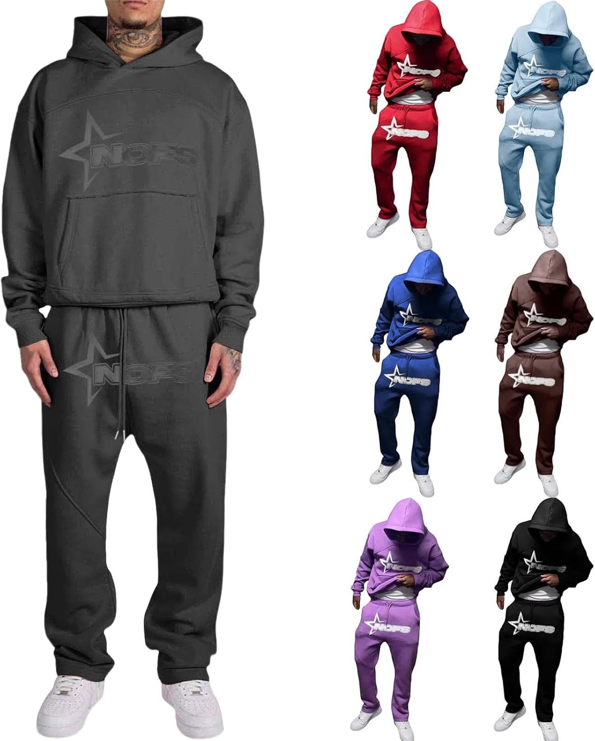 for NOFS Survêtement pour homme - Ensemble 2 pièces à manches longues avec capuche - Pantalon de jogging - Tenue de sport - Chaud - Décontracté - Lettres imprimées - Y2K - Hip Hop - Survêtement