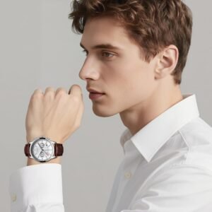 Alternative view of LIGE Montres Hommes Mode Étanch Acier Inoxydable Analogique Quartz Sport Chronographe Blanc Cadran Classique Cuir Bracelet Montres…