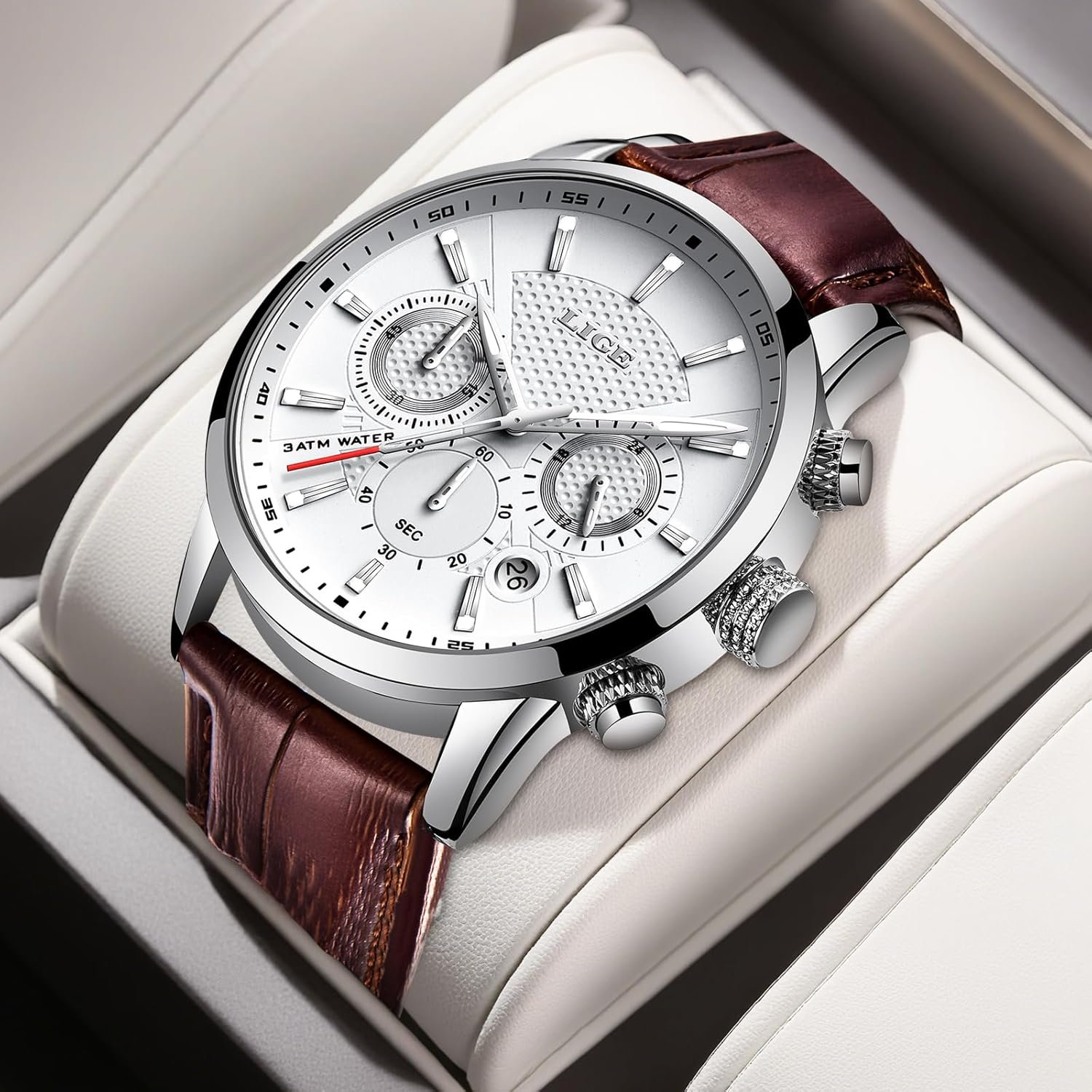 LIGE Montres Hommes Mode Étanch Acier Inoxydable Analogique Quartz Sport Chronographe Blanc Cadran Classique Cuir Bracelet Montres… – Image 7