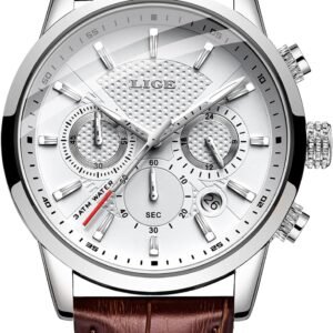 LIGE Montres Hommes Mode Étanch Acier Inoxydable Analogique Quartz Sport Chronographe Blanc Cadran Classique Cuir Bracelet Montres…