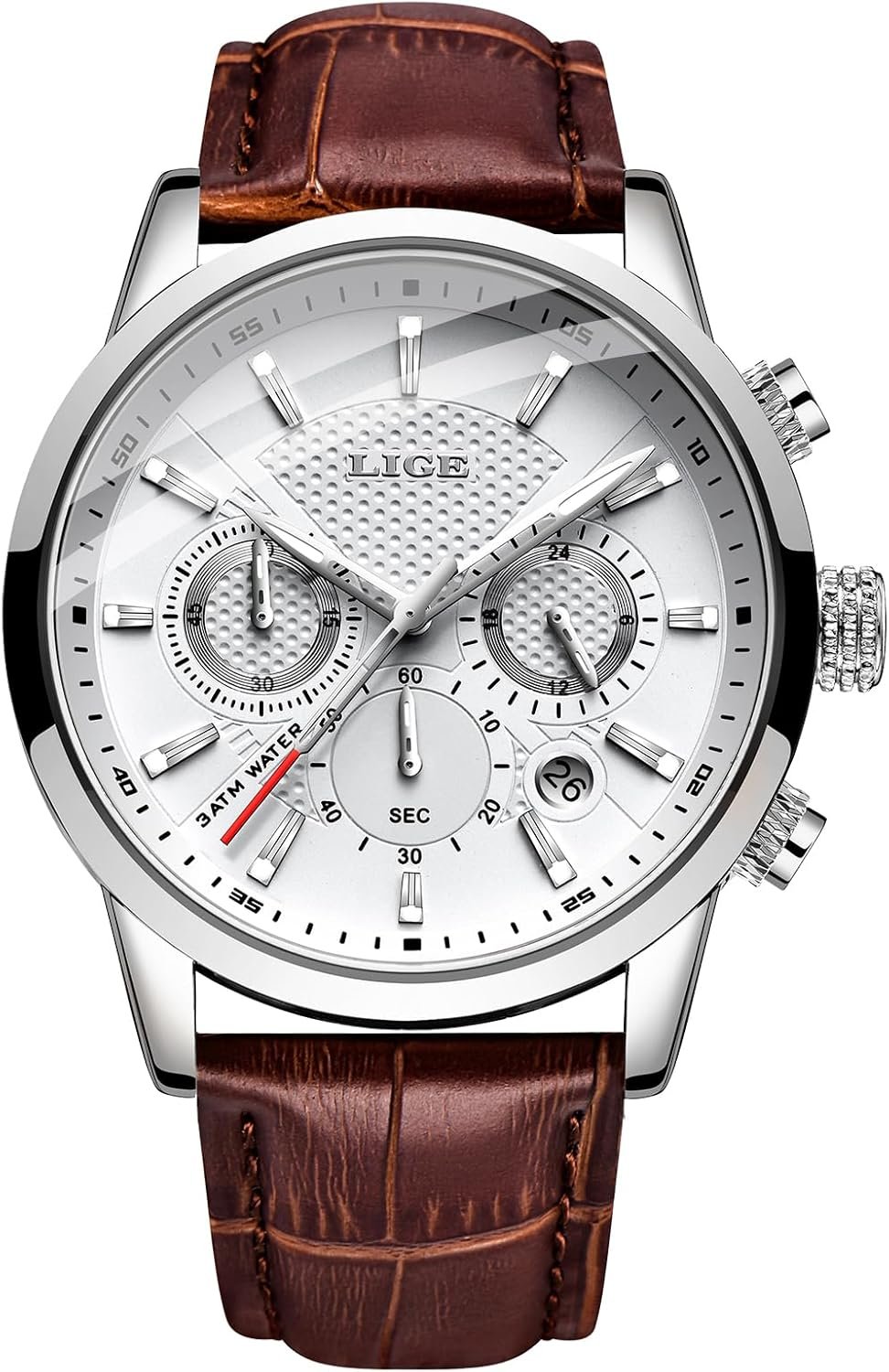 LIGE Montres Hommes Mode Étanch Acier Inoxydable Analogique Quartz Sport Chronographe Blanc Cadran Classique Cuir Bracelet Montres…