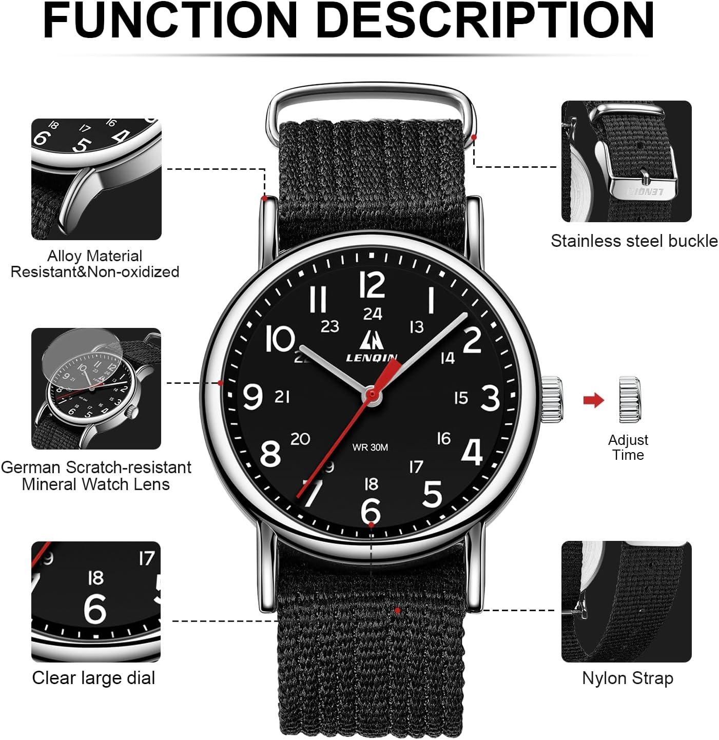 LN LENQIN Montre Homme Montres Militaires Montres analogiques à Quartz Montres de l'armée Montres-Bracelets étanches pour Hommes Montre de Sport avec Bracelet en Nylon – Image 7