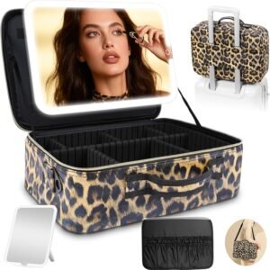 Trousse de Maquillage avec Miroir LED Amovible, Grand 38X28cm Professionnel Sac de cosmétiques de Voyagea de Lumineux, boîtier de Maquillage avec Miroir éclairé, 3 Modes d'éclairage,Cuir PU