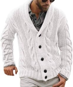 Runcati Cardigan en tricot épais à manches longues pour homme avec col châle boutonné