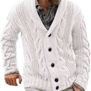 Runcati Cardigan en tricot épais à manches longues pour homme avec col châle boutonné