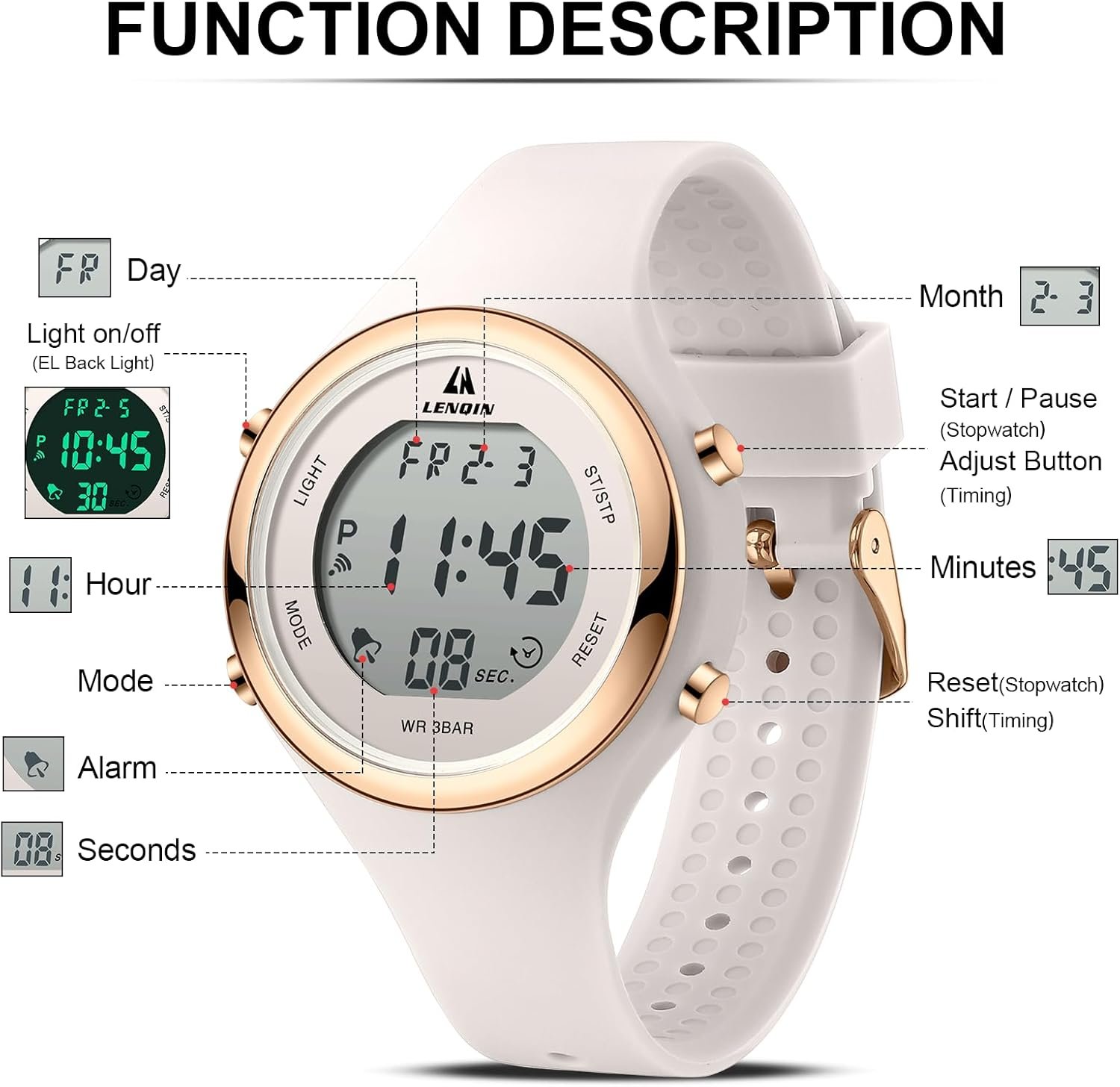 LN LENQIN Montre Femme Montre Le chronomètre pour Femmes 30m Montres de Poignet Militaire imperméables avec rétroéclairage/Alarme/minuterie/Date – Image 6