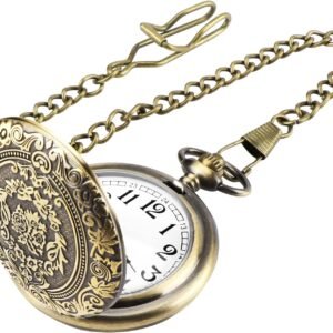 Montre de Poche Montre Gousset Vintage à Quartz avec Chaîne pour Hommes Femmes Papa Fête d’Anniversaire (Bronze)