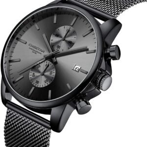 Alternative view of Montres pour Homme Mode Sport Quartz Analogique Noir Maille Acier Inoxydable Étanche Chronographe Montre-Bracelet Auto Date en Aiguilles Rouge/Bleu/Or…