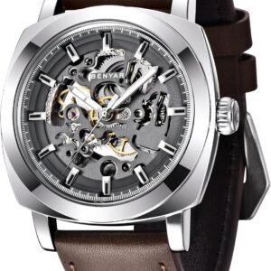 BENYAR - Montre Automatique Homme Mécanique |Bracelet en Cuir | Mouvement Doré | Cadran Squelette de 45 mm | Résistant à l'eau et Aux Rayures Cadeau élégant