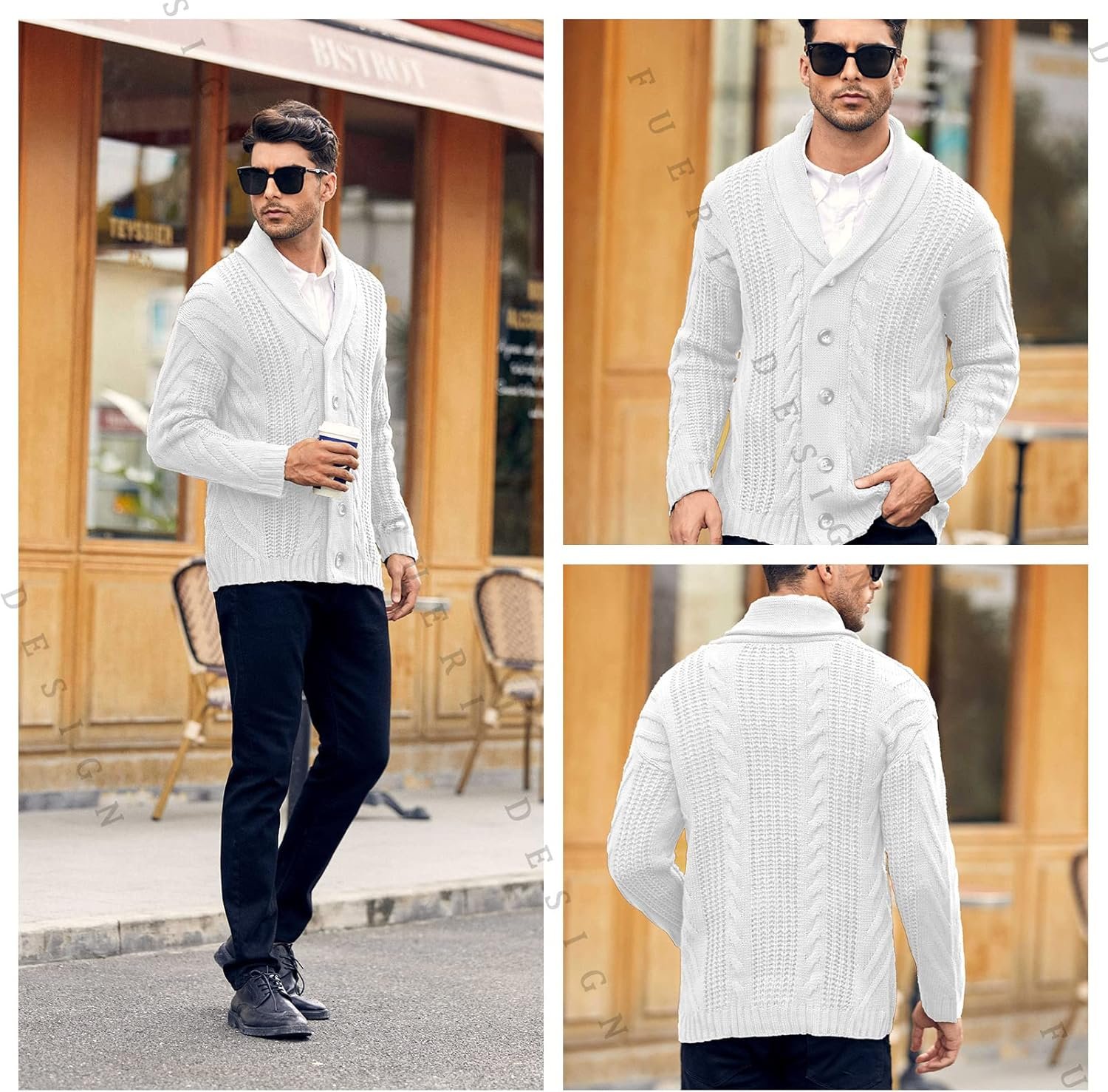 Runcati Cardigan en tricot épais à manches longues pour homme avec col châle boutonné – Image 2