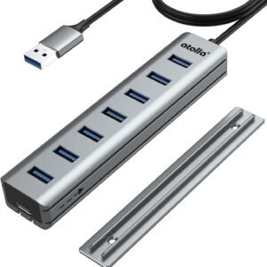 Atolla 7 Port Hub USB 3.0 vec Design Montable sur Bureau en Aluminium-Multiprise USB 3.0 5Gbps avec 100cm Câble, 5V/3A Type-C pour PC, Ordinateur Portable, MacBook, Souris, Clavier, Disque Dur, etc.