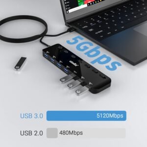 Alternative view of atolla 7 Port USB 3.0 Hub Splitter, Ultra Slim USB Power Strip with Individual Power Switch and LED-100 cm Extension