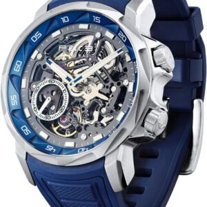 FEICE Montre Squelette Homme Automatique Verre Saphir avec Bracelet en Caoutchouc Bleu Boîtier en Acier Inoxydable 46mm FM511