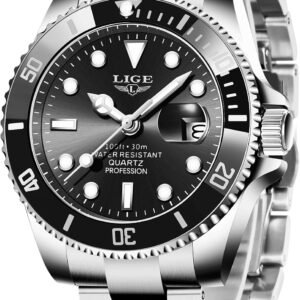 LIGE Montre Homme, Montres Bracelet Quartz Analogique, Acier Inoxydable, étanche 3 ATM （30M）, Aiguilles Lumineuses, Affichage de la Date, Classique, élégant, Décontracté