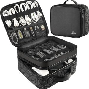 MATEIN Sac de Rangement de câbles, étanche, Rangement électronique de Voyage avec séparateur réglable, résistant aux Chocs, Sac de Transport Portable Double Couche pour Cordon, écouteurs, Chargeur,